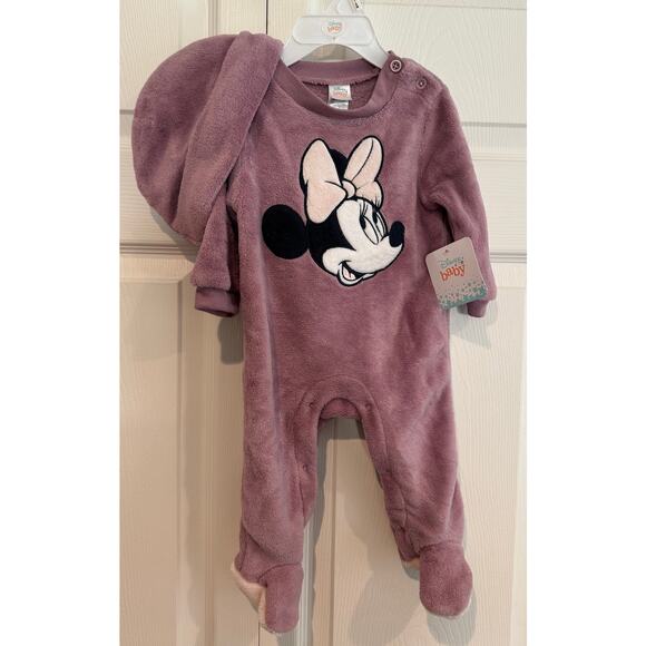 NEW Disney Baby Minnie Mouse Soft Blush Sleeper Onesie + Hat  3-6 mo. - Picture 1 of 8